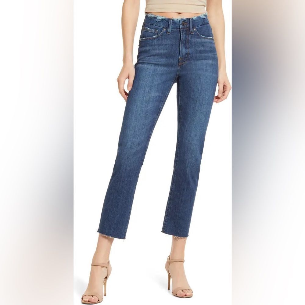 NWT Good American Good Legs Straight Leg Raw Hem Jeans in Indigo032, Size 24/00